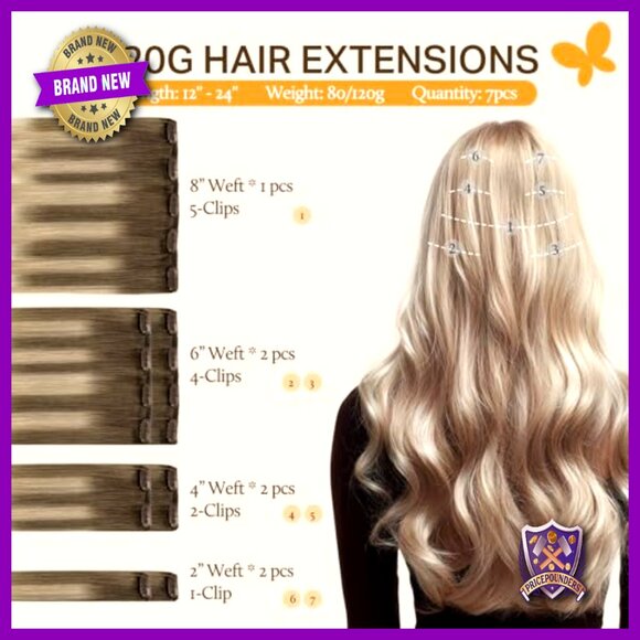 Clip-In Human Hair Extensions, 20 Inch Straight, 7 Pieces, 120g